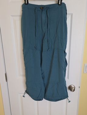 Teal Wide-Leg Drawstring Cargo Ankle Length Pants